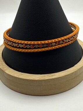 Orange Beaded Bangle Set Goldtone Filigree Stackable Boho Jewelry